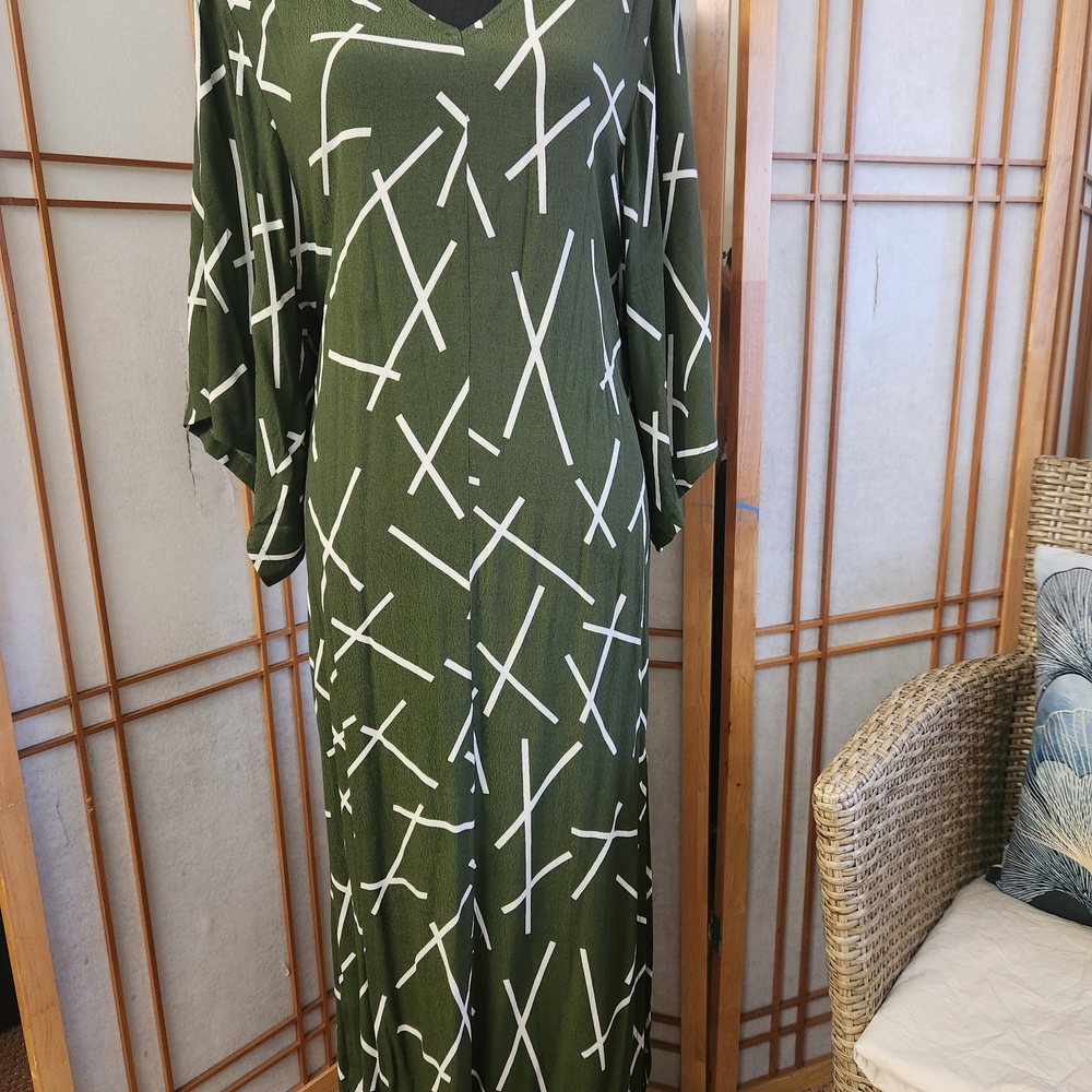 Ava Sky Olive Maxi Dress with White Geometric Design